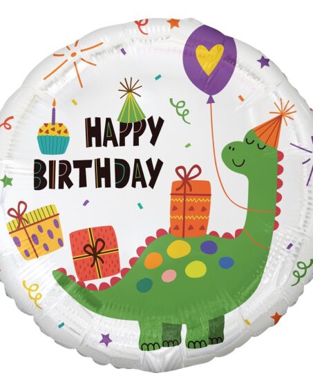 Μπαλόνι στρόγγυλο Happy birthday με δεινόσαυρο και μπαλόνια σε διάσταση 18''