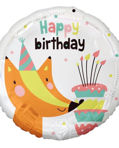 Μπαλόνι στρόγγυλο Happy birthday με Αλεπού και τούρτα σε διάσταση 18''