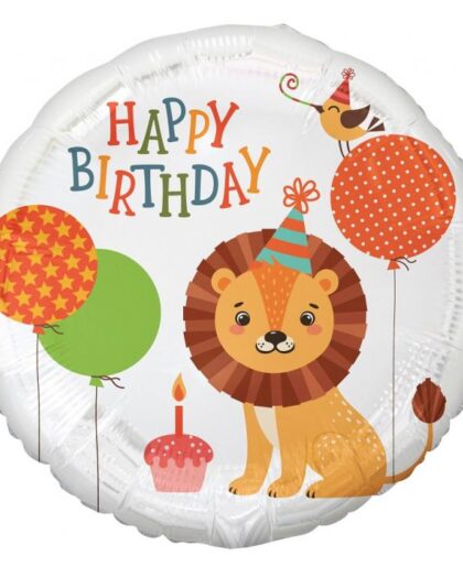 Μπαλόνι Happy birthday στρόγγυλο με τύπωμα λιοντάρι και μπαλόνια σε διάσταση 18''