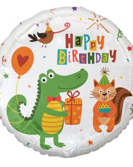 Μπαλόνι στρόγγυλο Happy birthday με κροκόδειλο και αλεπού σε διάσταση 18 ιντσών