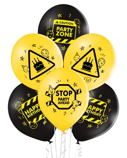 Μπαλόνια τυπωμένα Happy Birthday stop party με κίτρινο και μαύρο μπαλόνι