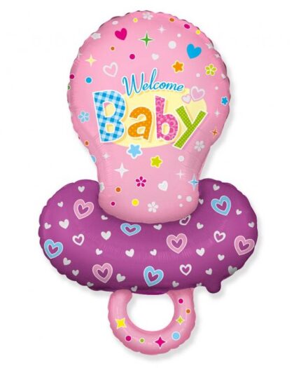 Μπαλόνι foil πιπίλα ροζ με τύπωμα welcome baby 24”