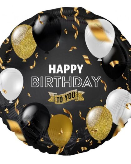 Μπαλόνι foil στρόγγυλο μαύρο Happy birthday to you με τυπωμένα μπαλόνια σε χρυσό και μαύρο χρώμα και διάσταση 48εκ